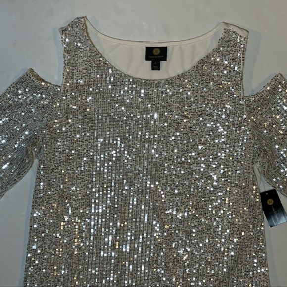 NWT JM Collection Silver Sequin Cold Shoulder Top L - Picture 5 of 11